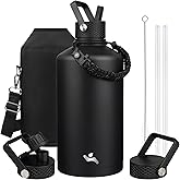 Konokyo Gallon Insulated Water Bottle with Straw,128 oz 3 Lids Water Jug with Carrying Bag,Paracord Handle, Double Wall Vacuum Stainless Steel Metal Flask,Black