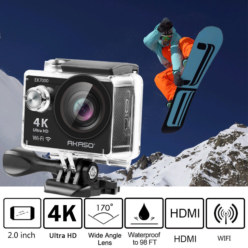 AKASO EK7000 4K WIFI Sports Action Camera Ultra HD Waterproof DV Camcorder 12MP 170 Degree Wide Angle 2 inch LCD Screen/2.4G Remote Control/2 Rechargeable Batteries/19 Mounting Kits