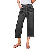 GRAPENT Capri Jeans for Women Wide Leg High Waisted Effortless Flow Pull On Stretchy Denim Elastic Waist Pants with Pockets