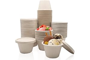 Goiio 50 Pcs 4 Oz Bagasse Fiber Condiment Cups with Lids, Compostable Portion Cups, Disposable Souffle, for Snack Dressing Food Storage
