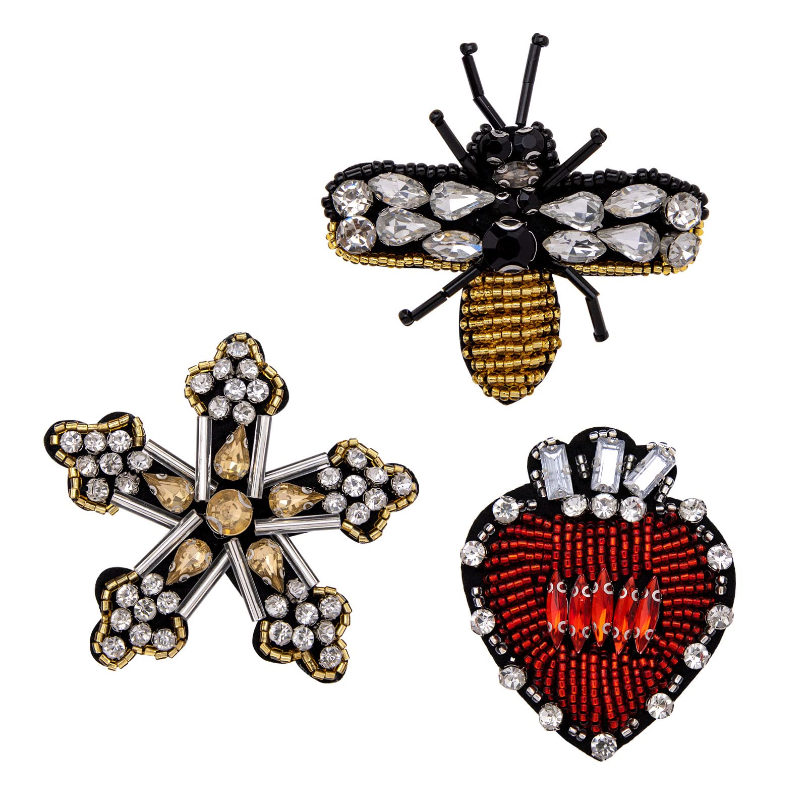 eMagTech 3PCS Beaded Rhinestone Patches Love Heart Star Bee Fabric Applique Sew On for Backpack Jeans Jackets Shoes Scrapbooking Handbag DIY Decoration Crafts