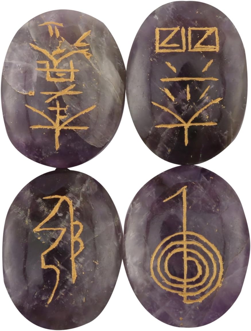 Aatm Healing Natural Amethyst Cabochon with Reiki Symbols Pebble Pocket Stone for Chakra Healing Meditation (Set of Four - Stone of Spirituality & Peace of Mind)