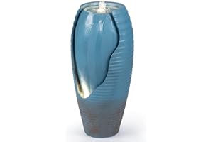 Giantex 32" Outdoor Jar Water Fountain with LED Lights, Vintage Blue Cracked Jar Design, Cascading Waterfall with Adjustable 