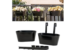 pansparade 3 Pack Metal Hanging Flower Pots for Railing Fence，Outdoor Balcony Rail Planter with Detachable Hooks Drainage Holes for Deck Garden Home Decor Black