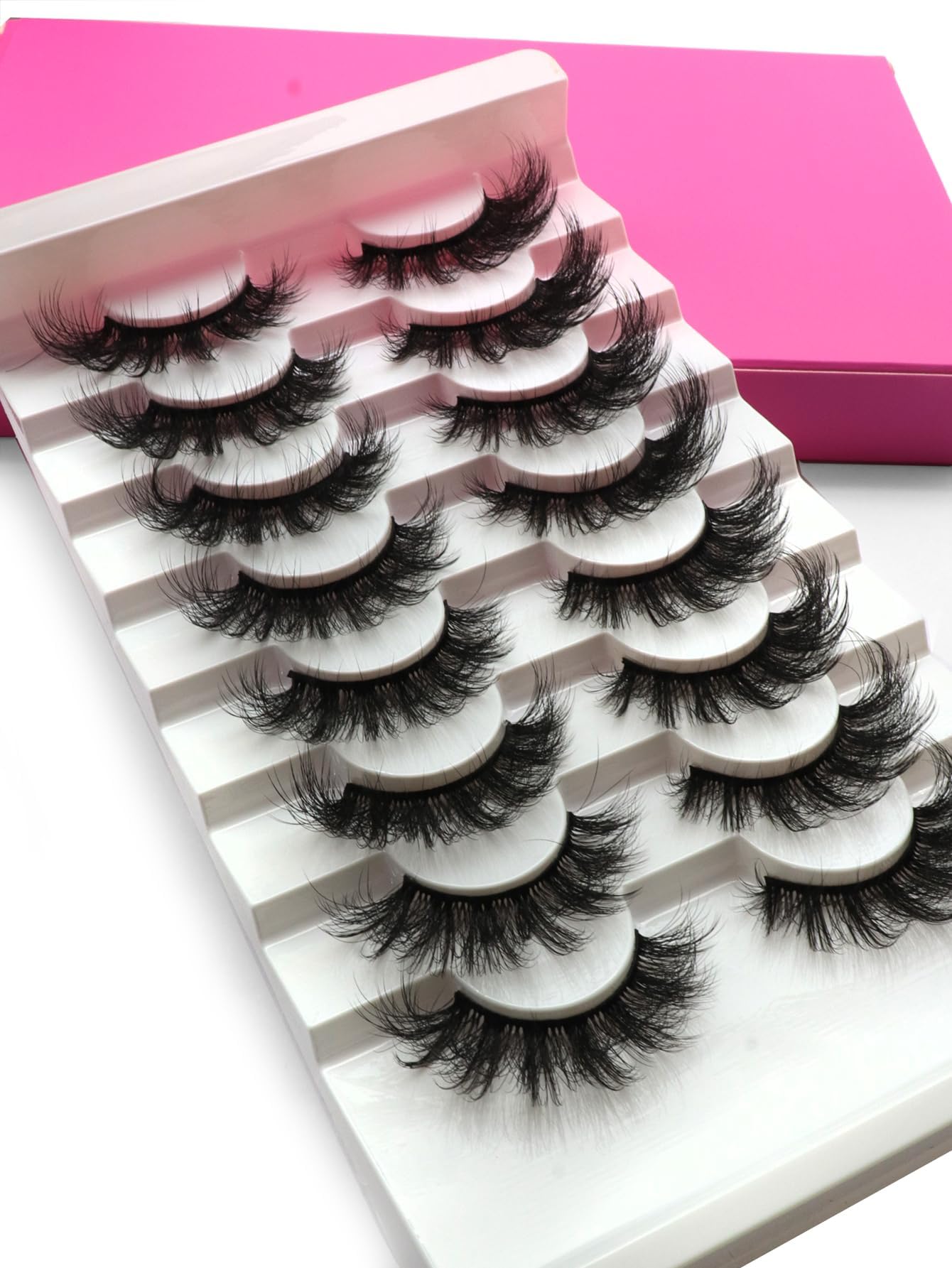 Photo 1 of BTLLSSH 8Pair 3D5D 0.59INCH Thick False Eyelashes Cross Volume Cat Eye Lashes Extension Fluffy Natural Look Faux Mink Lashes with Dark Pink Box