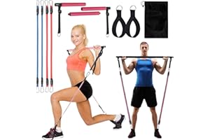 STYLSO Pilates Bar Kit Perfect for Home Office Gym Workout - 4Pcs Resistance Bands 3Pcs Adjustable Sticks 2Pcs Feet Straps & Carry Bag for Women & Men Full Body Exercise Shaping Fitness Yoga (10Pcs Set)