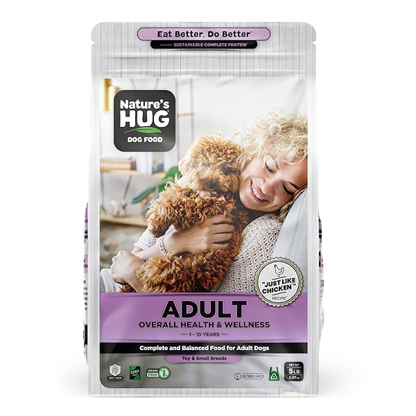 NATURE’S HUG DRY DOG FOOD, FOR ADULT-TOY & SMALL BREEDS, 5 LB. BAG, CHICKEN FLAVOR PLANT-BASED PROTEIN KIBBLE, GRAIN-FREE, ALLERGEN-FREE, COMPLETE PROTEIN & BALANCED NUTRITION
