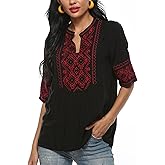 LauraKlein Mexican Embroidered Short Sleeve Boho Tops Women's Summer Peasant Blouse Boho Outfit Shirt Hippy Clothes for Women