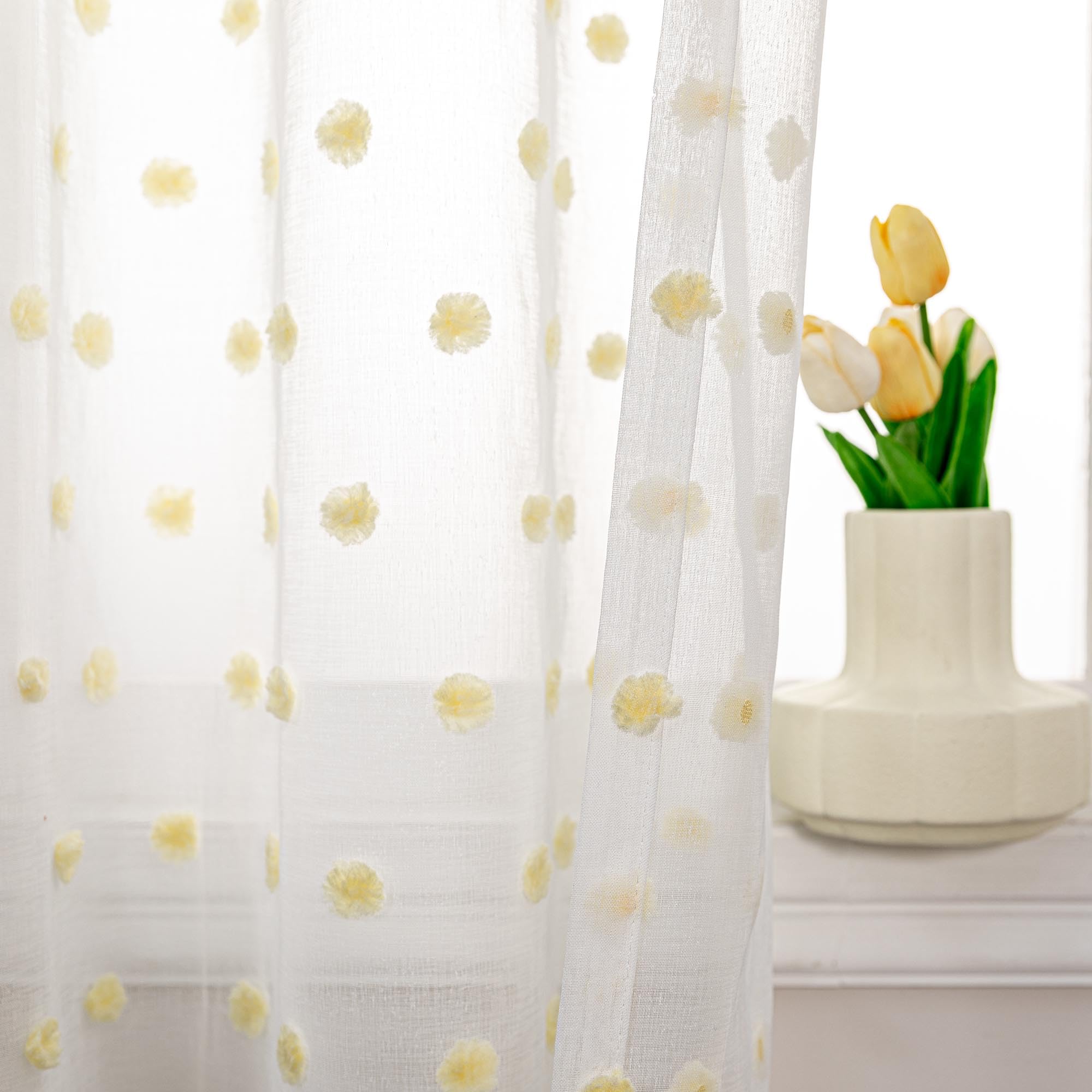 MYSKY HOME Curtains, Semi-Transparent, Yellow, Polka Dot, H 175 x W 140 cm, Set of 2, Nursery