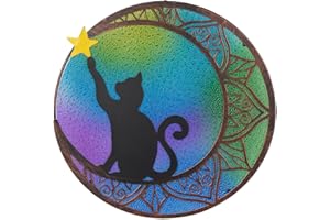 VEWOSTAR 11.8” Stained Glass Window Hanging Round Cat Sun Catchers with Star Handmade Metal Frame Suncatcher for Window Stained Glass Panels for Wall Garden Decor
