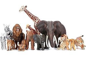 BOLZRA Safari Zoo Animals Figures Toys, 14 Piece Realistic Jungle Animal Figurines, African Wild Plastic Animals with Lion, Elephant, Giraffe Educational Learning Playset for Toddlers, Kids, Children