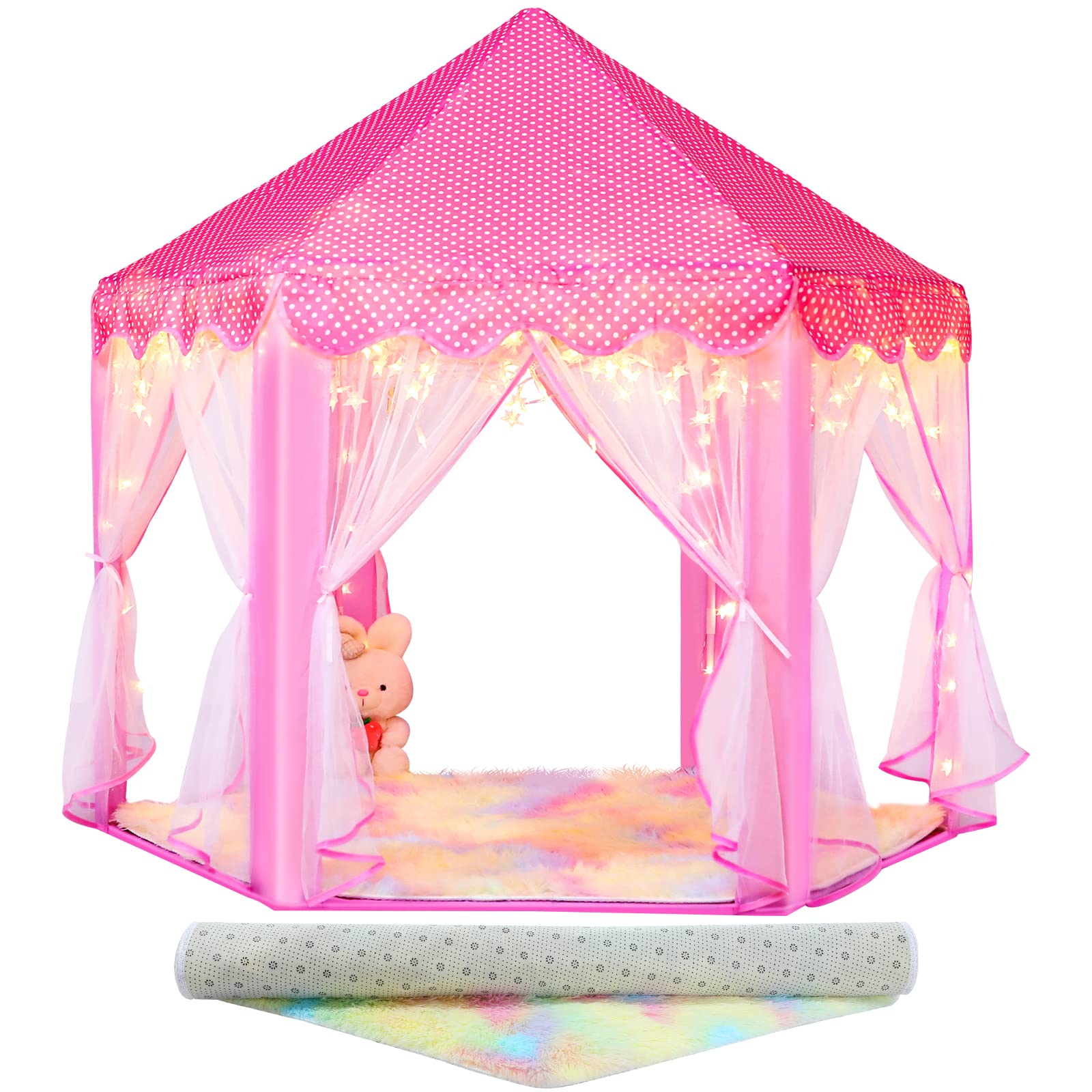 Senodeer Princess Tent with Rainbow Rug, Little Star Lights for Girls, Pink Play Tent for Kids, Girls Toys Set for Indoor Princess Games Decor, Princess Castle Playhouse