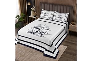 jejeloiu Ocean Coverlet Set King Size Ship Nautical Themed Bedspread for Kids Boys Girls Decor Ocean Coastal Quilted Coverlet Microfiber Quilted Bedroom
