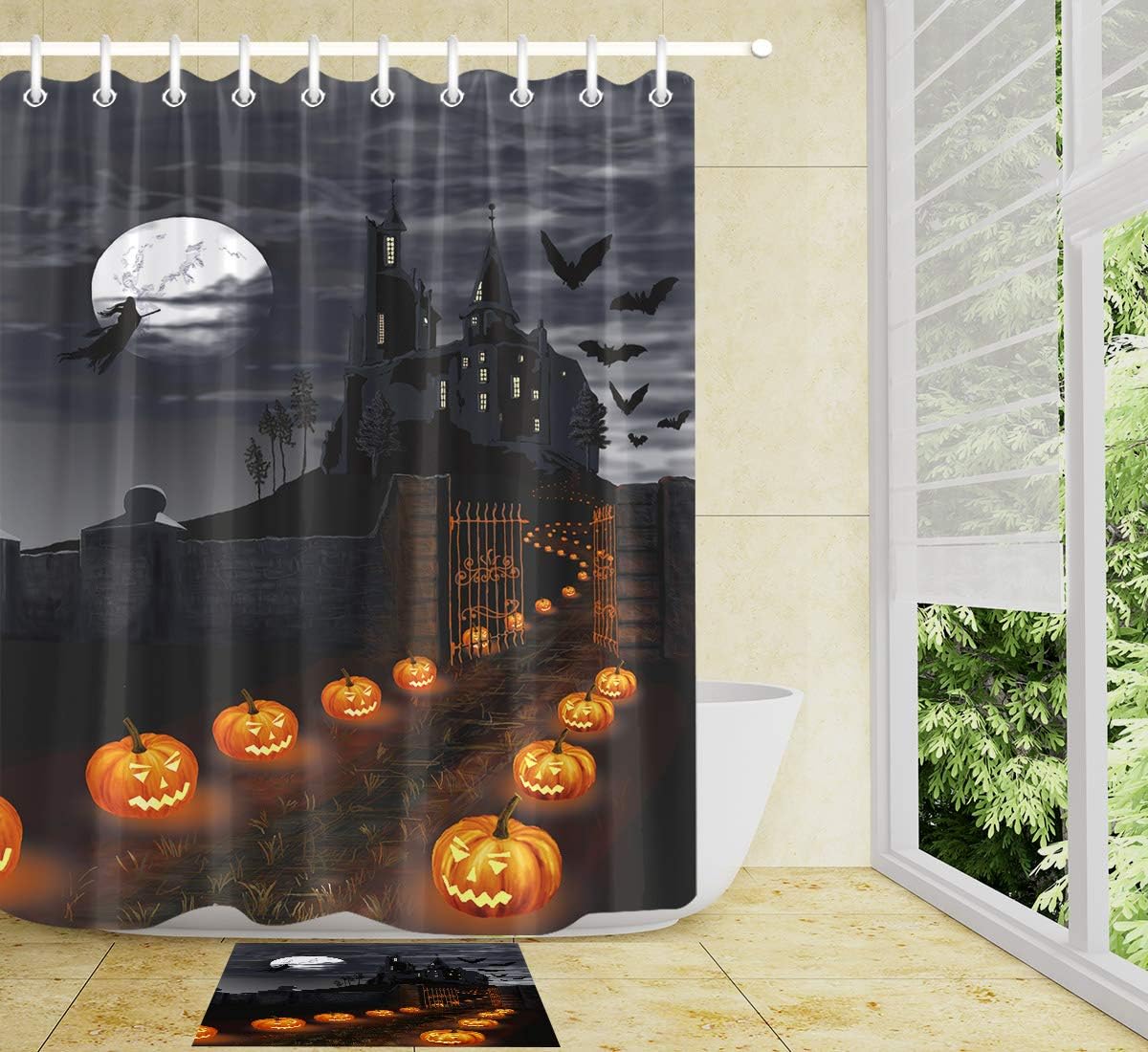 Lb Halloween Theme Magical Castle Shower Curtain With Pumpkins Lantern Witch Flying In Moon Night With Bat Funny Halloween Bathroom Set With 10 Hooks