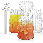 Tebery 4 Pack Ribbed Aesthetic Glass Cups with Glass Straw, 16Oz Vintage Drinking Glassware Ripple Cocktail Glasses for Iced Coffee Juice Beverage Milk RibbedGlassCups-4pc