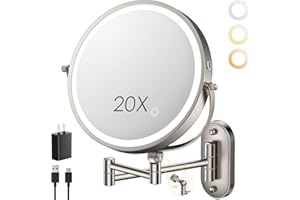 ZLOKLA 9" Wall Mounted Lighted Makeup Mirror,4000mAh Rechargeable Double Sided 1X/20X Magnifying Mirror with Light,Touch Dimmable,Extended Arm 360 Rotation Wall Mounted Makeup Mirror 3 Color Lights-N
