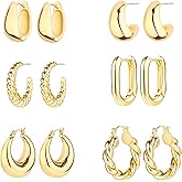6 Pairs 14K Gold Plated Hoop Earrings for Women Lightweight Chunky Hoop Earrings Multipack Hypoallergenic, Thick Open Twisted Huggie Hoops Earring Set Jewelry for Gifts.