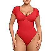 FeelinGirl Short Sleeve Bodysuit for Women V Neck Tummy Control Shapewear Seamless Thong Body Suits Tops