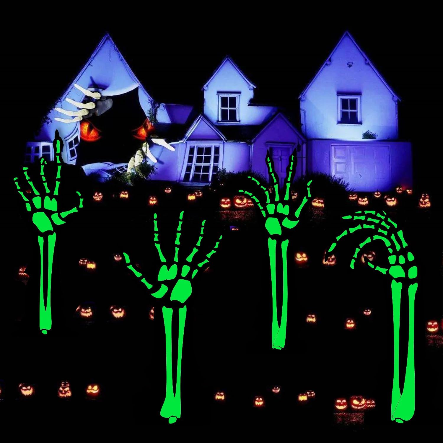 Yard Signs - Halloween Yard Signs Glow in The Dark,4Pack Halloween Reflective Black Skeleton Hands,Lawn Yard Party Decorations,Yard Signs with Stakes Glow in The Dark (Nightlight Skeleton Hand 2)