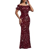 dasmzper Women Sexy Sequin Off Shoulder Ruffle Short Sleeve Bodycon Mermaid Party Formal Evening Maxi Dress