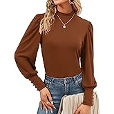 Qirno Womens Mock Neck Puff Long Sleeve Tops Casual Loose Solid Basic T Shirt Button Cuffs Pullovers Shirts Blouse