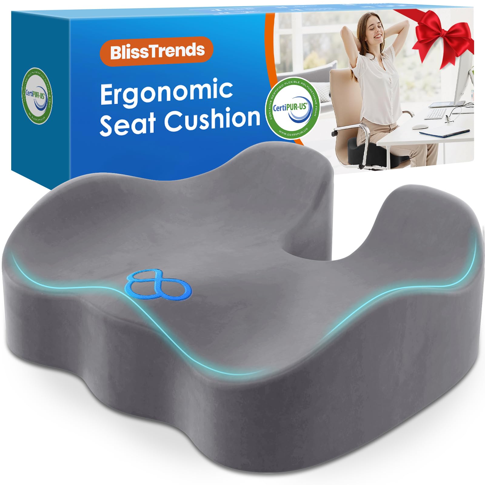 BlissTrends Memory Foam Seat Cushion for Office Chair & Car Seat, LightGrey