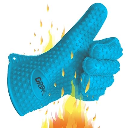 BBQ, Grilling & Oven Silicone Heat Resistant Cooking Gloves with Tongs & Basting Brush by Grippie-Premium Quality-Maximum Protection & Comfort-Lightweight & Dishwasher Safe-Blue & Orange