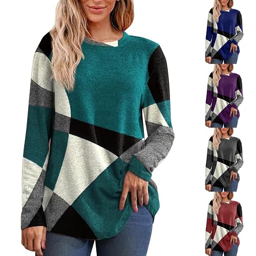 Womens Long Sleeve Sweatshirts without Hood Oversized Crewneck Pullover Geometric Pattern Color Block Sweatshirt Ladies Comfy Soft Casual Tops