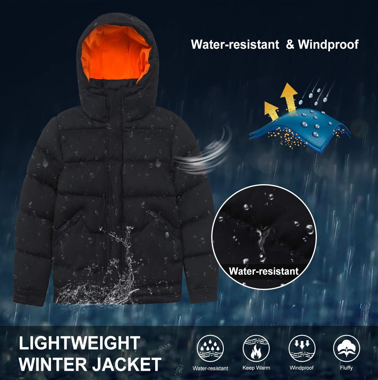 SOLOCOTE Boys Winter Coat Lightweight Thicked Winter Jacket Warm Soft Puffy Cotton Outwear with Hood, SLN2013 Black B 5-6Y