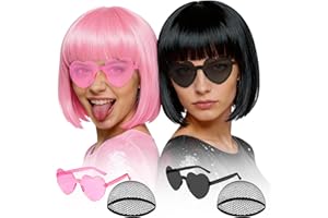 MEEZY 2 Pcs Colorful Bob Wigs with Bangs Black Pink for Women, Neon Fun Wig Short Bob Hair with Heart Sunglasses Hair Cap for Halloween Costume Cosplay Photography Birthday Bachelorette Party Carnival