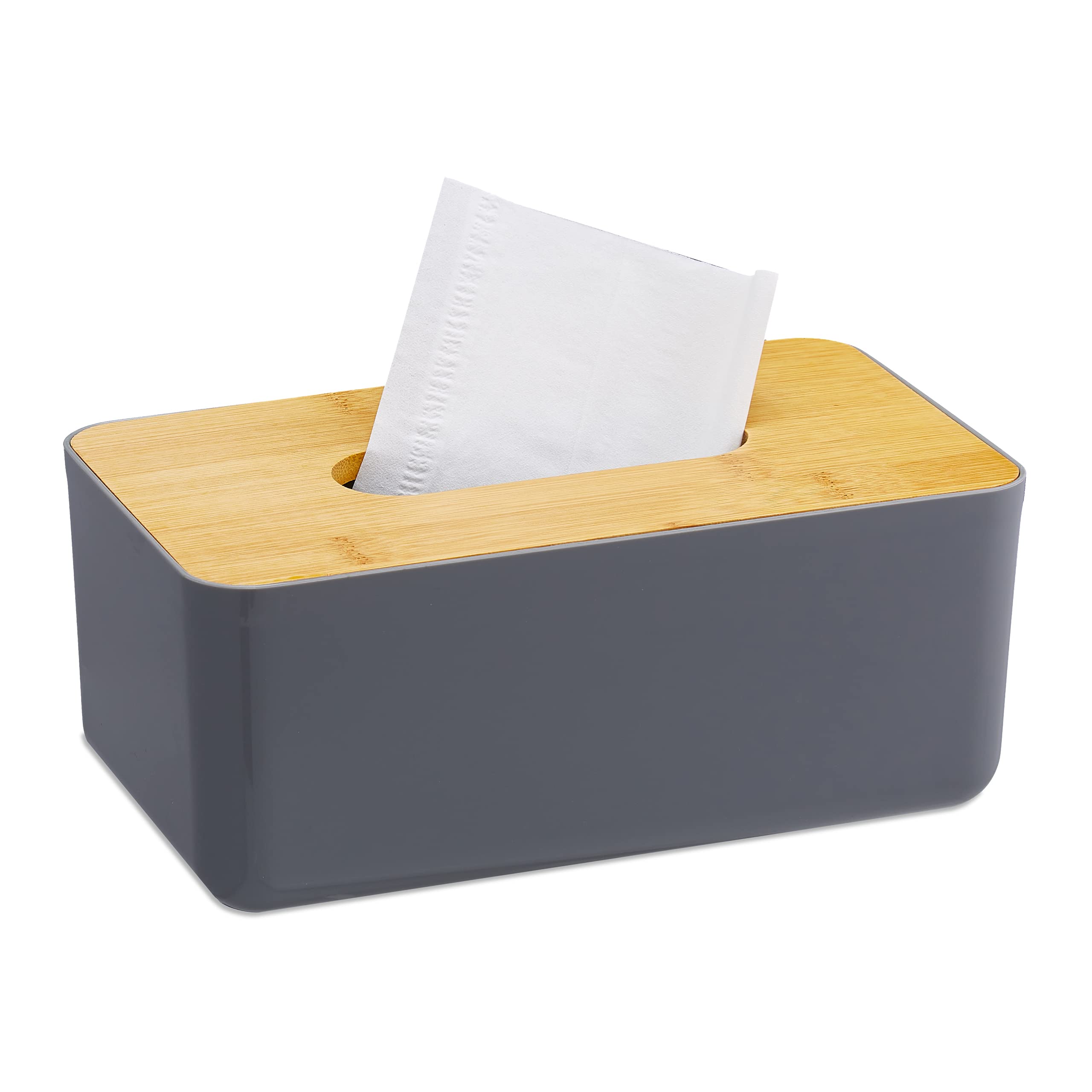 Relaxdays Tissue Box, Refillable, Bathroom, Napkin Dispenser, Bamboo Lid, Plastic, 10 x 23 x 13 cm, Grey/Natural
