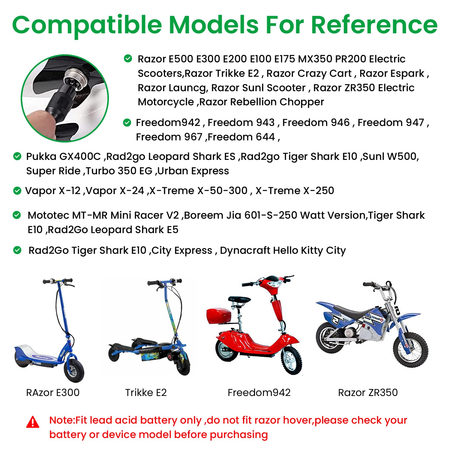 24V 1.5A Electric Scooter Charger for Razor E100, E200, E300, E500, PR200, MX350, Dirt Bike, Pocket Mod, Sports Mod, and Dirt Quad, 24V Electric Battery Charger Replacement for W13112099014