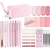 Four Candies Pink School Supplies with Case, Gel Pens with Black Ink, Correction Tapes, Pastel Highlighters, Mechanical Pencils, Sticky Notes, Index Post for Bible Study Stationary College Essentials