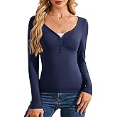 VUTRU Women's Long Sleeve Shirts Tight Going Out Tops Slim Fit Lace V Neck T-Shirts Thin Casual Tees 2025 Trendy Fall Spring