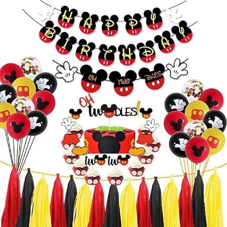 Amazon Co Jp ミッキー 誕生日 飾り付け パーティー セット ディズニー ミニー キャラクター 可愛い 子供 男の子 女の子 レッド イエロー ブラック Happy Birthday ガーランド バナー ケーキトッパー バルーン 風船 紙吹雪入れ タッセル ガーランド リボン 44枚セット