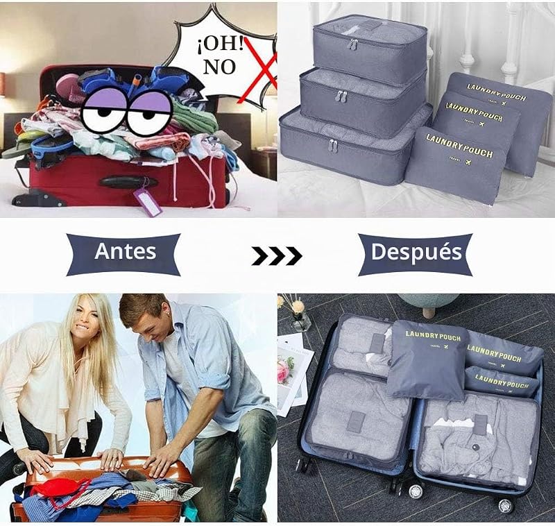 Organizador de bagagem, conjunto organizador de viagem 6 em 1, saco organizador de mala impermeável inclui 3* cubos de viagem e 3* sacos de compressão (cinzento) — foto 4 de 6