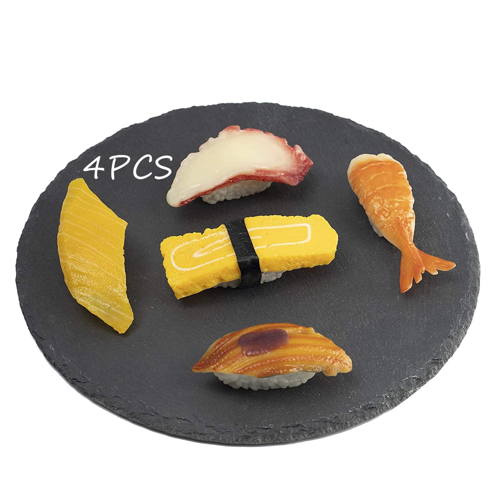 4 Pcs Sushi Plates Set, 25 cm (9.8 in) Round Slate Flat Rectangular Sushi Serving Tray Plates, Stone Rock Style Cheese Board Platter