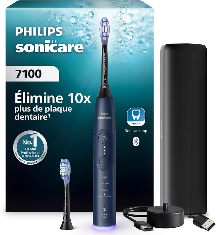 Sonicare 7100 - Brosse à dents électrique sonique avec application, 4 modes de brossage,3 niveaux d'intensité, Alerte de pression, EasyStart, SmarTimer, Bleu, HX7423/01 [Nouvelle technologie]