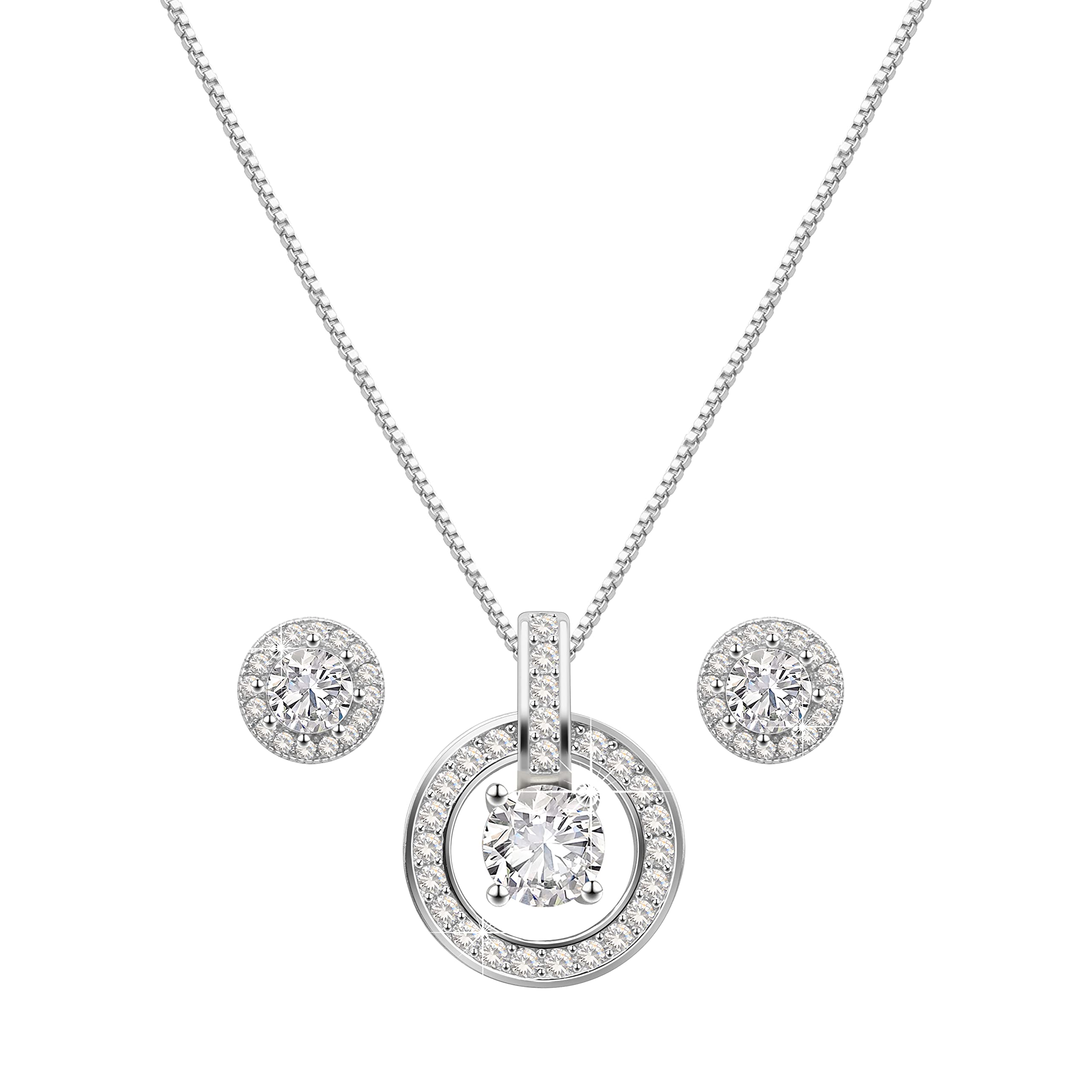 KristLand Women Sparkling Round Shape Cubic Zirconia Gold Plated 925 Sterling Silver Necklace and Stud Earrings Jewelry Set For Wedding
