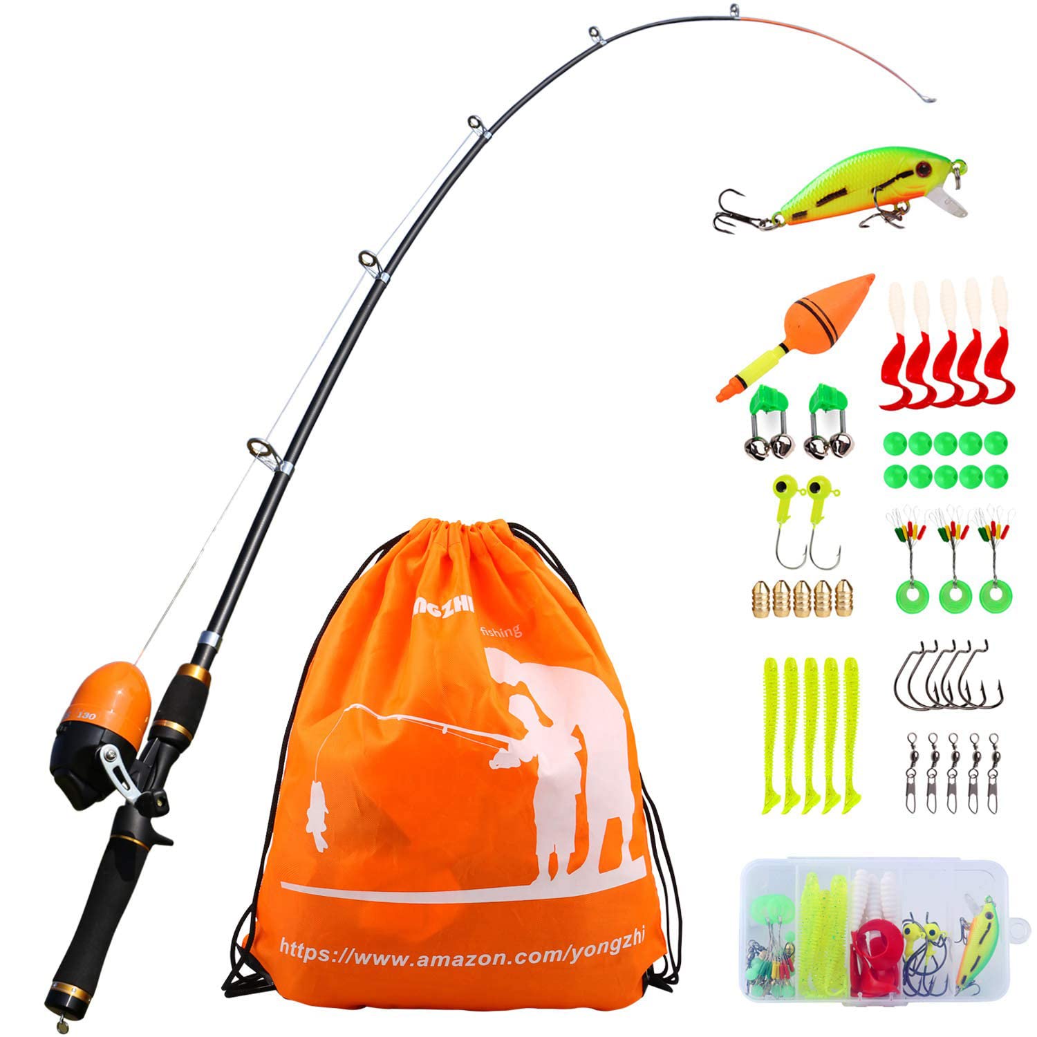 Sougayilang YONGZHI Kids Fishing Pole with Spincast Reel Telescopic Fishing Rod Combo Full Kits for Boys,Girls and Adults-Golden