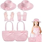 Zhanmai 6 Pcs Girls Tea Party Hats Accessories Set Kids Tea Party Bonnets Hats and Gloves Purses for Girls Dress up Favors