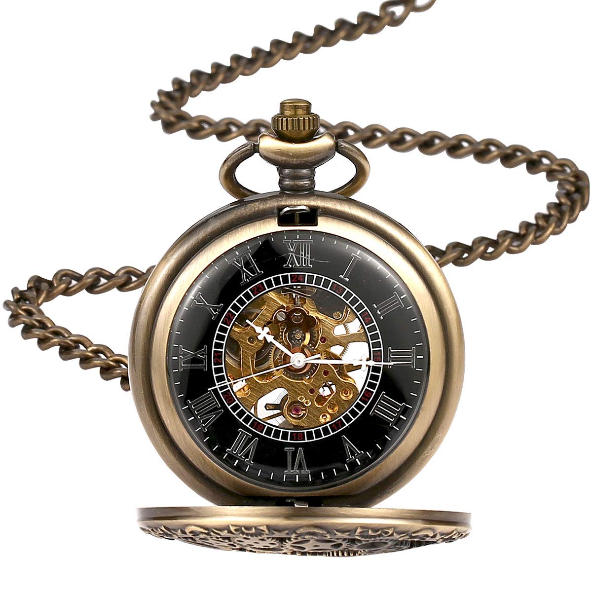 BOSHIYA Vintage Mechanical Pocket Watches for Men Luminous Steampunk Pocket Watch with Chain Black Skeleton Dial Roman Numberals Pocketwatch Gifts for Fathers Day