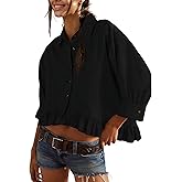 InterNos Womens Striped 3/4 Sleeve Blouse Loose V Neck Button Down Ruffled Hem Vertical Shirt Top with Pocket