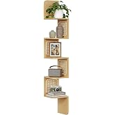 VASAGLE 5-Tier Corner Shelf, Wall Mounted Floating Shelf, Boho Wall Decor | Zigzag Corner Shelf, PVC Rattan Sides,Space-Saving, for Kitchen, Living Room, Bedroom, Oak Beige, ELLAN Collection ULLS582Y57