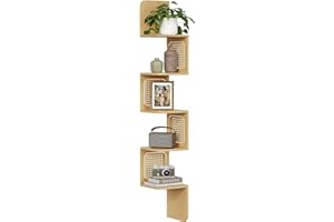 VASAGLE 5-Tier Corner Shelf, Wall Mounted Floating Shelf, Zigzag Corner Shelf Unit, PVC Rattan Sides, Space-Saving, for Kitchen, Living Room, Bedroom, Boho Style, Oak Beige ULLS582Y57