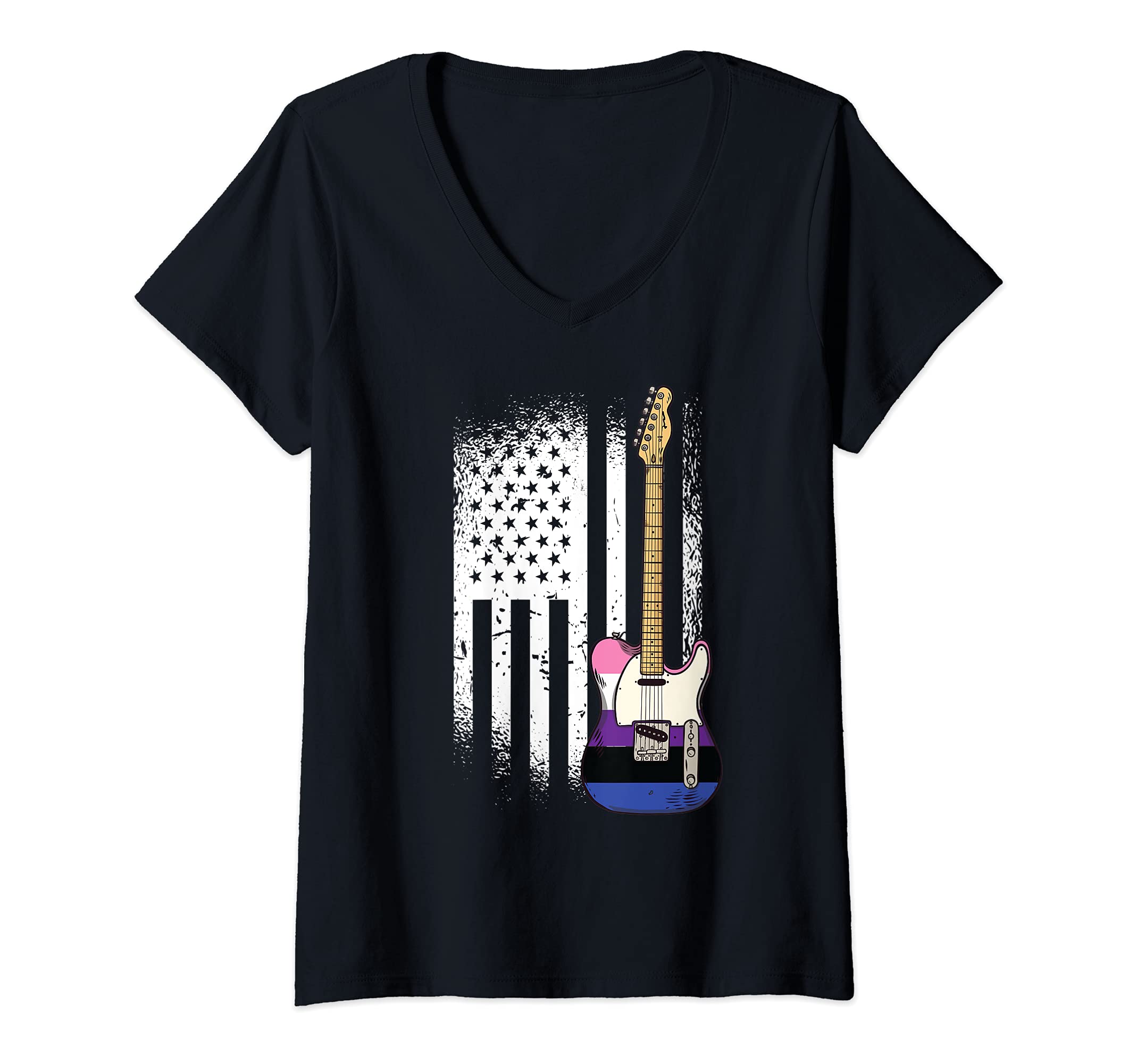 Womens American Flag Guitar Gender-fluid Pride LGBTQ Ally Guitarist V-Neck T-Shirt