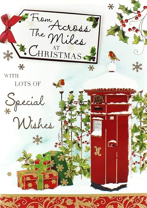 Across The Miles Christmas Card  Traditional Postbox, Gift & Holly 7.5