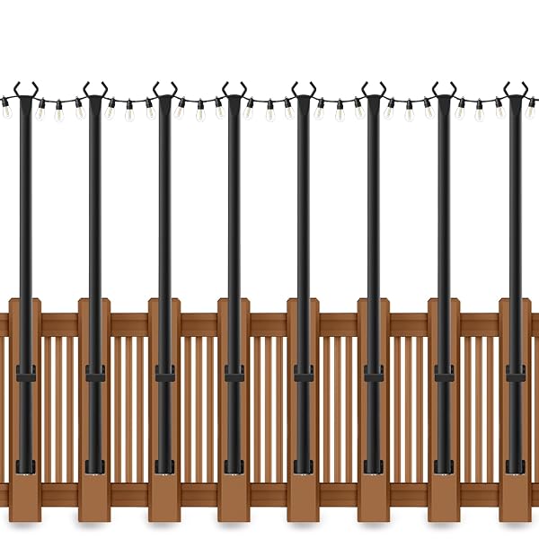 AHRLHR 8 PACK STRING LIGHT POLES FOR DECK,5 FT STRING LIGHT POLES FOR OUTSIDE WITH FIXING CLIPS,METAL POLES FOR OUTDOOR STRING LIGHTS, HANGING LIGHT POLES FOR FENCE GARDEN BACKYARD WALL BISTRO