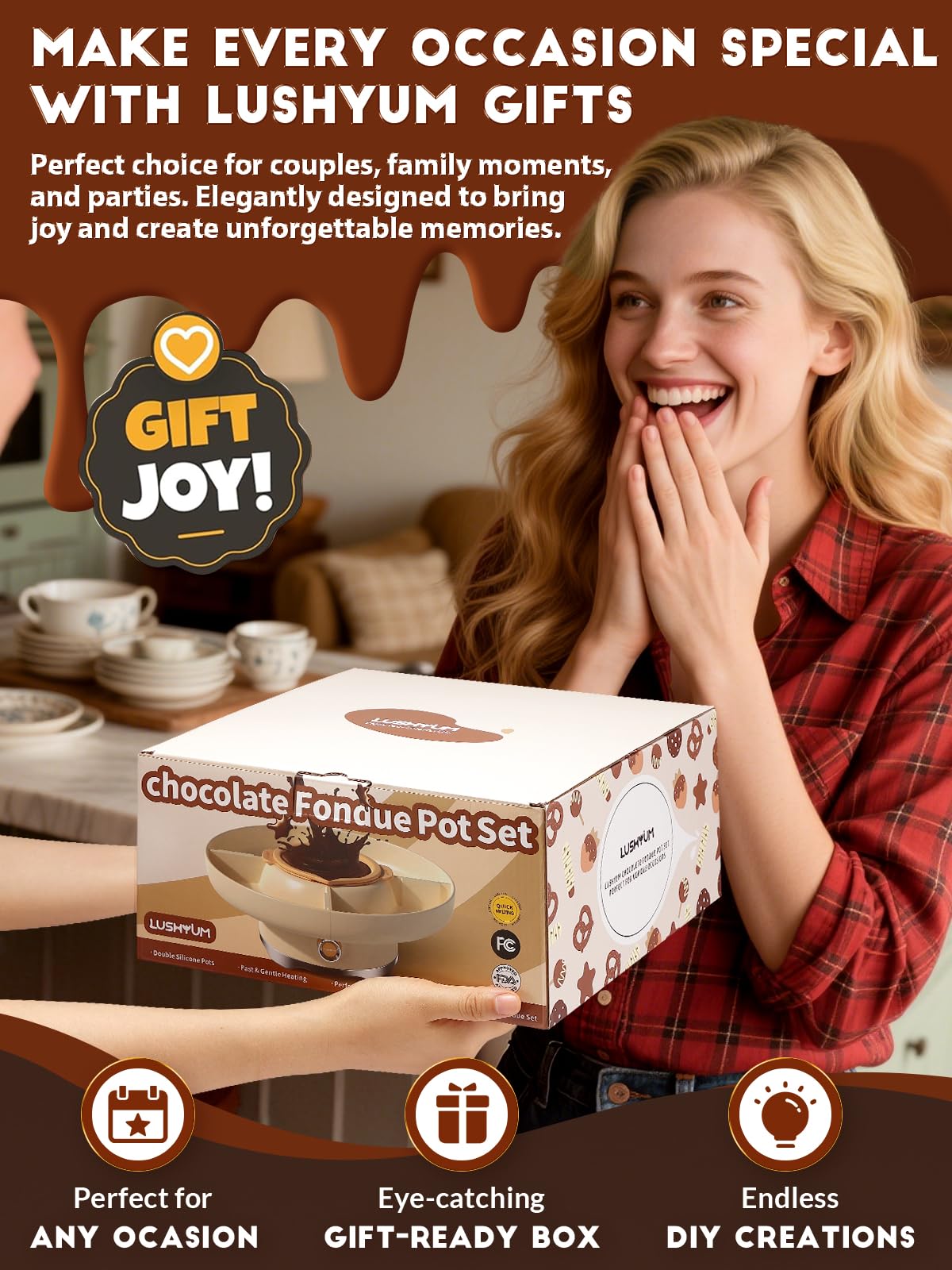 Chocolate Fondue Pot Set Electric Melting Machine, 4-Cup Capacity 4 Trays 5 Forks 1 Spatula Cheese Warmer, Ideal Gift for Couple Family & Date Night Idea House Warming Holidays Essentials