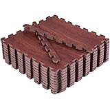 Eva Foam Floor Mat, Superjare Interlocking Flooring Tiles, 9 Pieces with Boarders Dark Wood Grain